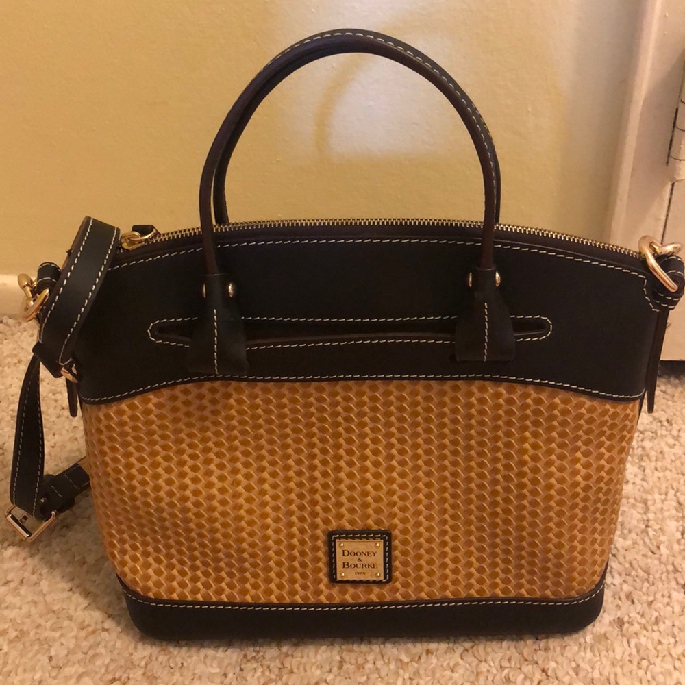 Dooney & Bourke Tan Woven Body with Black Leather Trim Crossbody Satchel